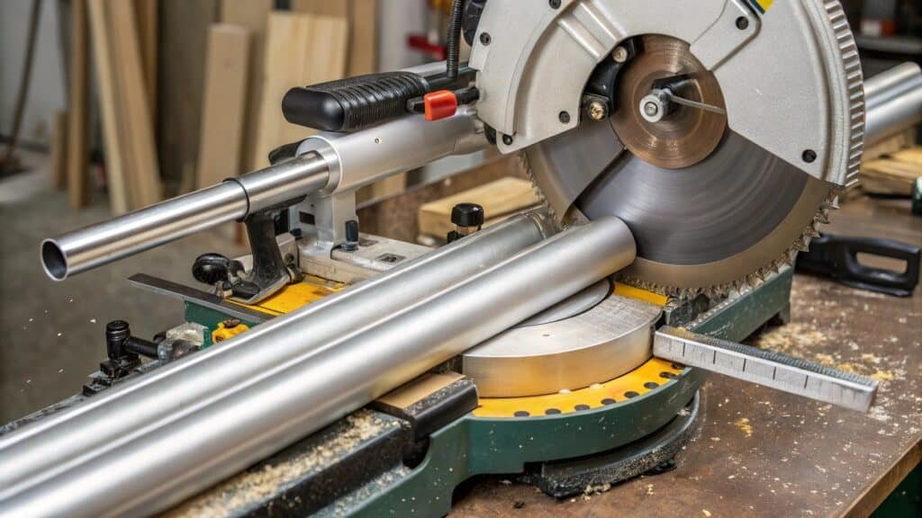 alt text: Cutting aluminum tube on miter saw with lubricant spray